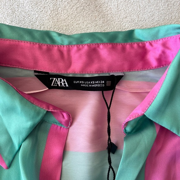 NWT Zara Satin Striped Boyfriend Shirt XS Pink Green - Picture 4 of 12